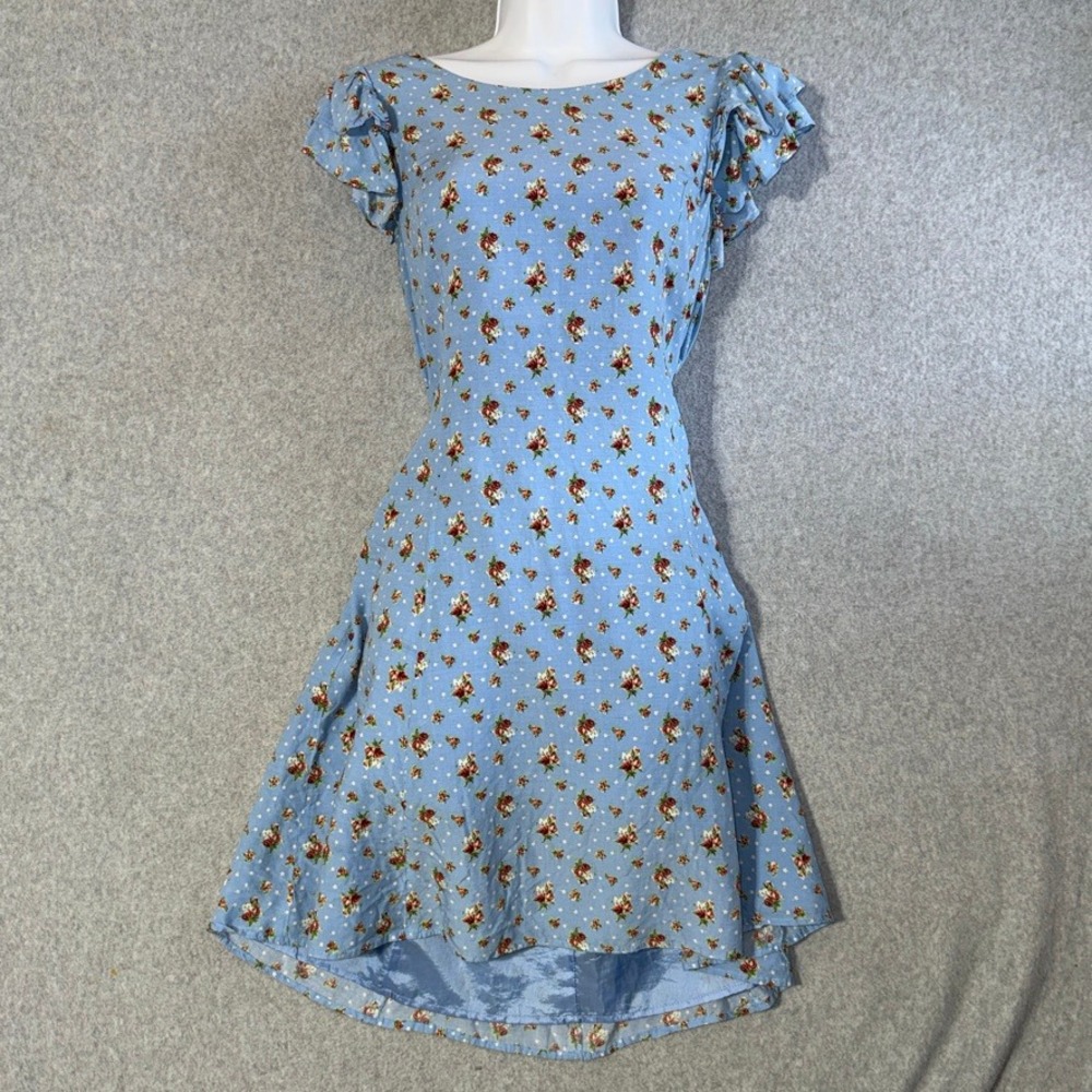 Roem Light Blue Floral Polka Dot Ruffle Sleeve Mini Dress babydoll western